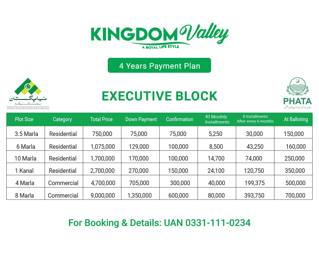 Executive Block Payment Plan in kingdom valley Islamabad