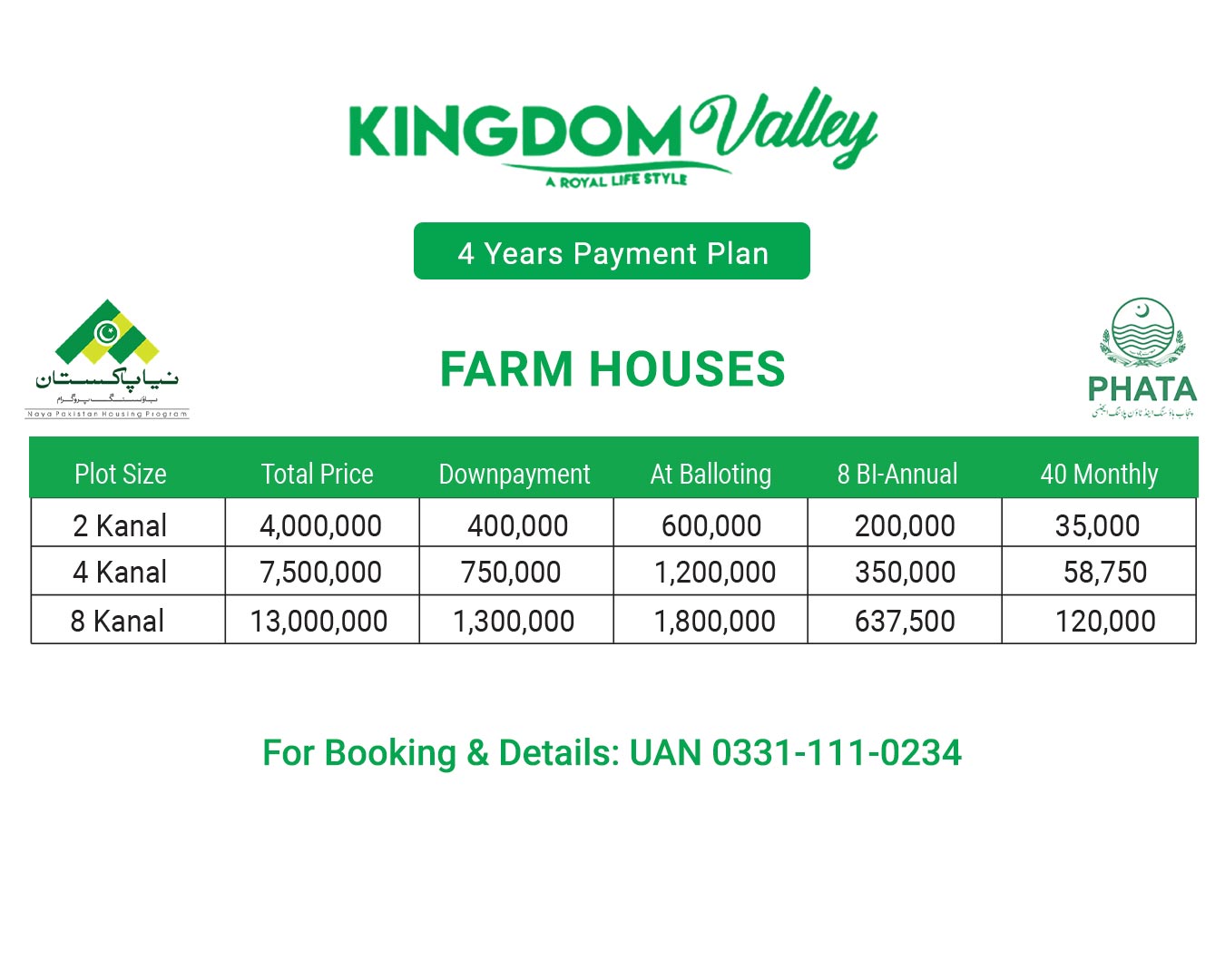Valley Farm Houses Payment Plan of kingdom valley Islamabad