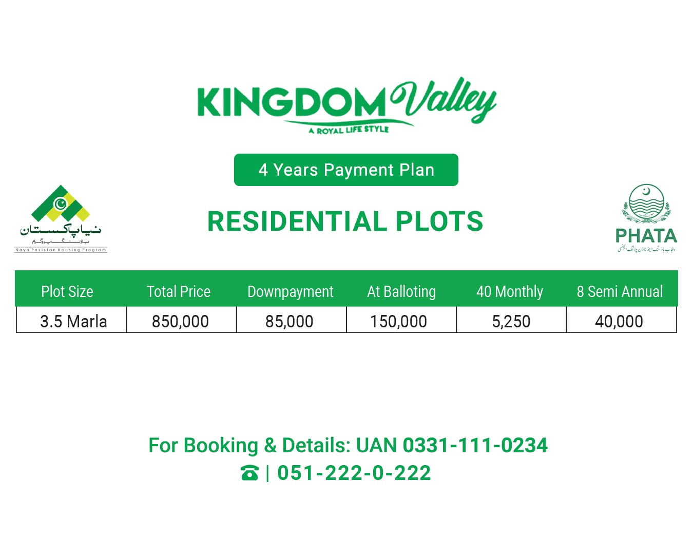 Kingdom Valley New 3.5 Marla payment plan